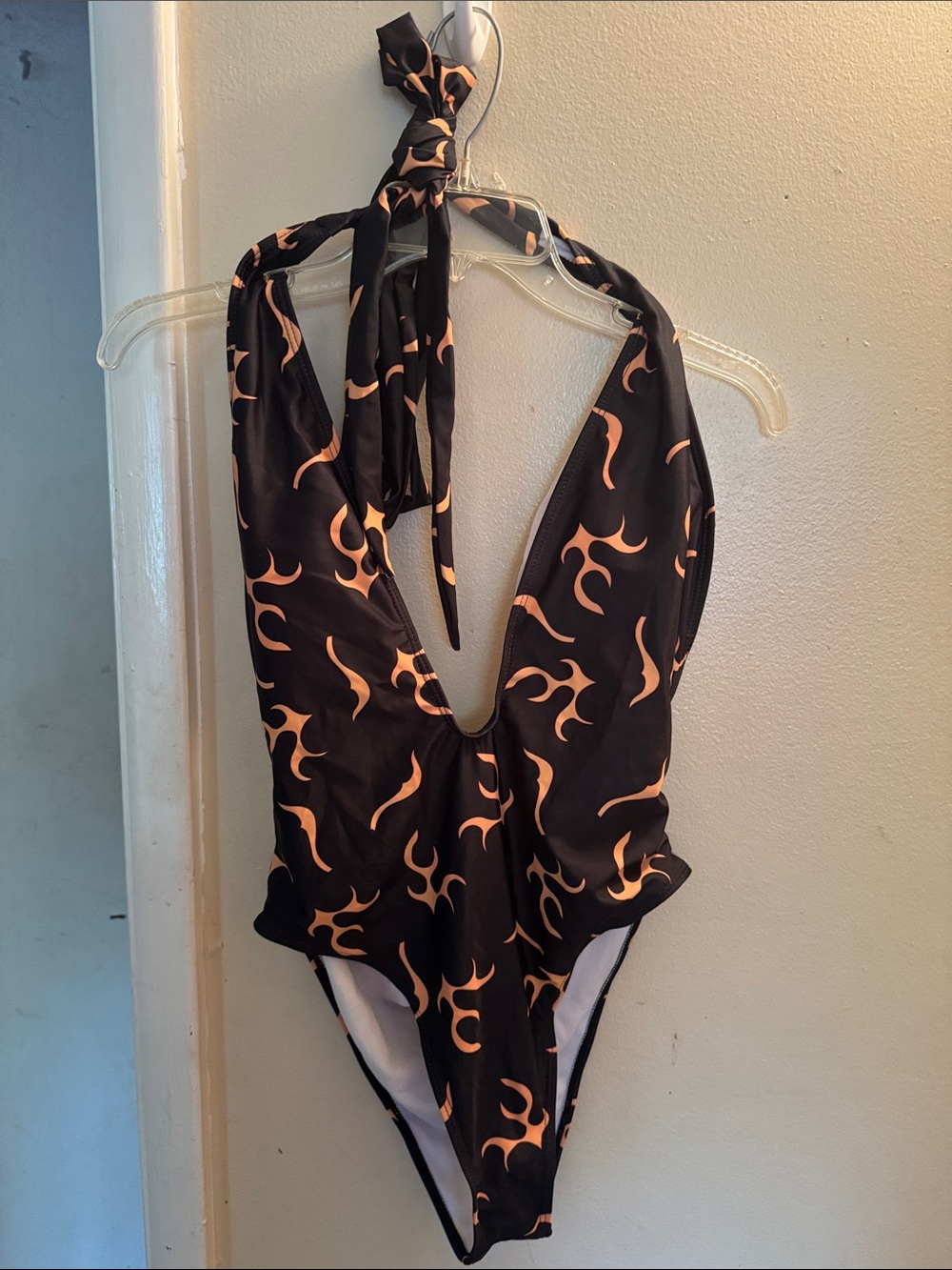Black & Peach Flame Halter One-Piece Swimsuit